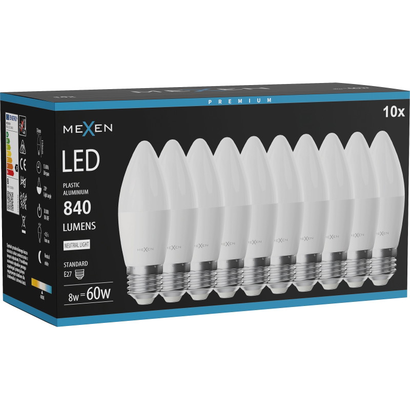 Mexen Nova 10x LED крушка E27, C37, 8W, Неутрална - 4000K, 840 lm - L102-E27-0840-01x10