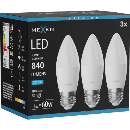 Mexen Nova 3x LED крушка E27, C37, 8W, Студена - 6500K, 840 lm - L102-E27-0865-01x03