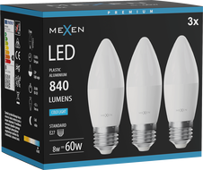 Mexen Nova 3x LED крушка E27, C37, 8W, Студена - 6500K, 840 lm - L102-E27-0865-01x03
