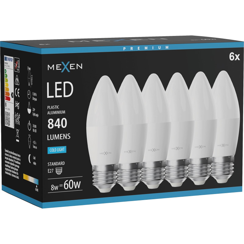 Mexen Nova 6x LED крушка E27, C37, 8W, Студена - 6500K, 840 lm - L102-E27-0865-01x06