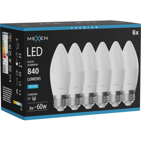 Mexen Nova 6x LED крушка E27, C37, 8W, Студена - 6500K, 840 lm - L102-E27-0865-01x06