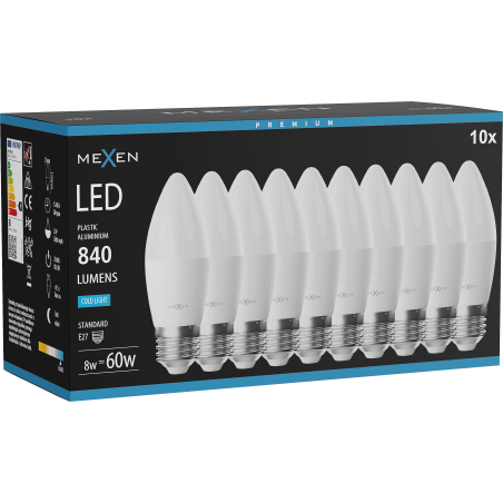 Mexen Nova 10x LED крушка E27, C37, 8W, Студена - 6500K, 840 lm - L102-E27-0865-01x10
