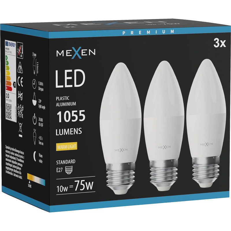 Mexen Nova 3x LED крушка E27, C37, 10W, Топла - 3000K, 1055 lm - L102-E27-1030-01x03