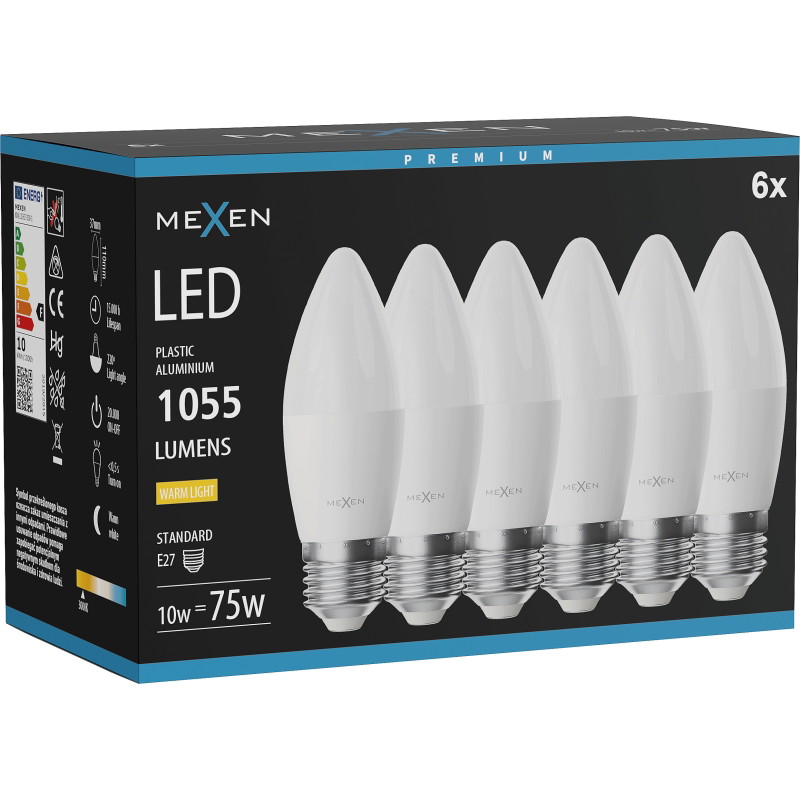 Mexen Nova 6x LED крушка E27, C37, 10W, Топла - 3000K, 1055 lm - L102-E27-1030-01x06