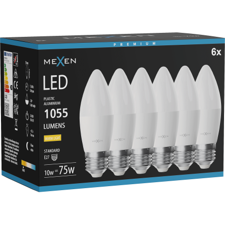 Mexen Nova 6x LED крушка E27, C37, 10W, Топла - 3000K, 1055 lm - L102-E27-1030-01x06