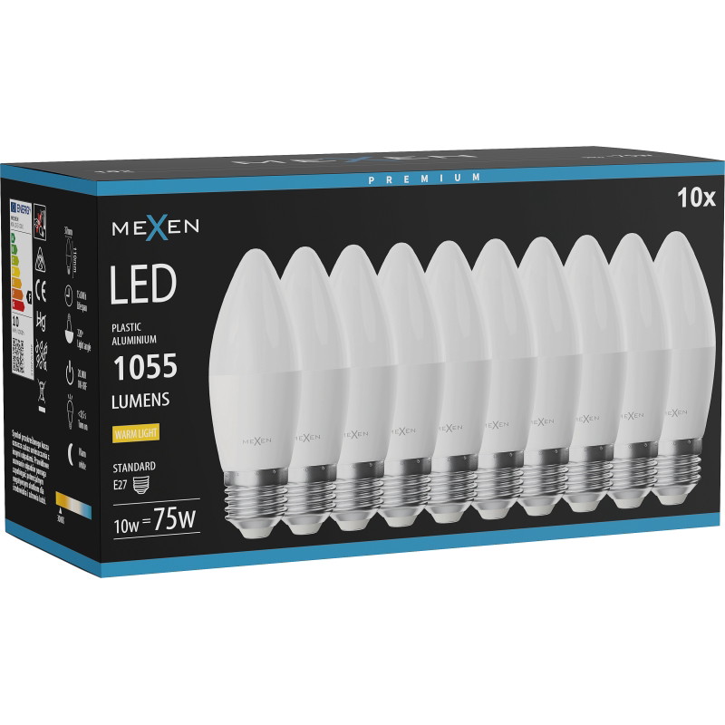 Mexen Nova 10x LED крушка E27, C37, 10W, Топла - 3000K, 1055 lm - L102-E27-1030-01x10