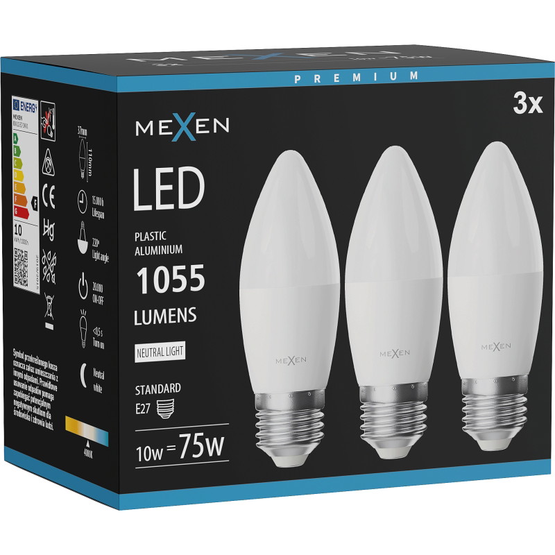 Mexen Nova 3x LED крушка E27, C37, 10W, Неутрална - 4000K, 1055 lm - L102-E27-1040-01x03