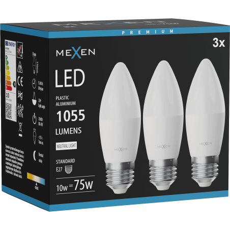 Mexen Nova 3x LED крушка E27, C37, 10W, Неутрална - 4000K, 1055 lm - L102-E27-1040-01x03