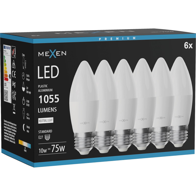 Mexen Nova 6x LED крушка E27, C37, 10W, Неутрална - 4000K, 1055 lm - L102-E27-1040-01x06