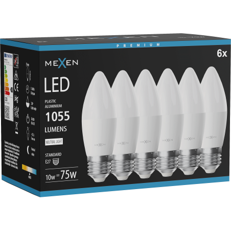 Mexen Nova 6x LED крушка E27, C37, 10W, Неутрална - 4000K, 1055 lm - L102-E27-1040-01x06