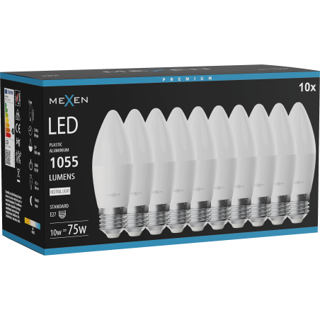 Mexen Nova 10x LED крушка E27, C37, 10W, Неутрална - 4000K, 1055 lm - L102-E27-1040-01x10