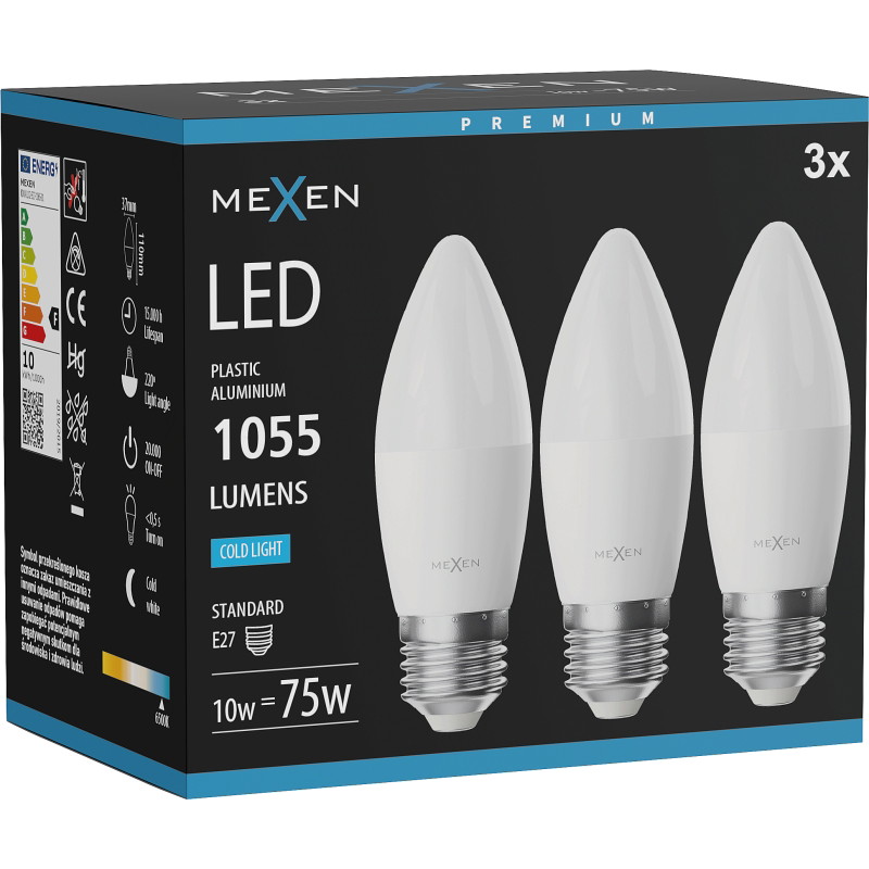 Mexen Nova 3x LED крушка E27, C37, 10W, Студена - 6500K, 1055 lm - L102-E27-1065-01x03