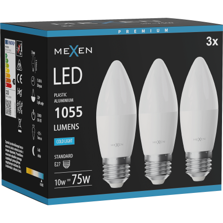 Mexen Nova 3x LED крушка E27, C37, 10W, Студена - 6500K, 1055 lm - L102-E27-1065-01x03