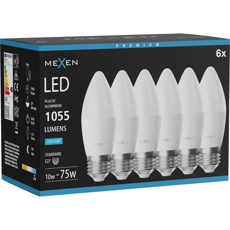 Mexen Nova 6x LED крушка E27, C37, 10W, Студена - 6500K, 1055 lm - L102-E27-1065-01x06