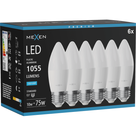 Mexen Nova 6x LED крушка E27, C37, 10W, Студена - 6500K, 1055 lm - L102-E27-1065-01x06