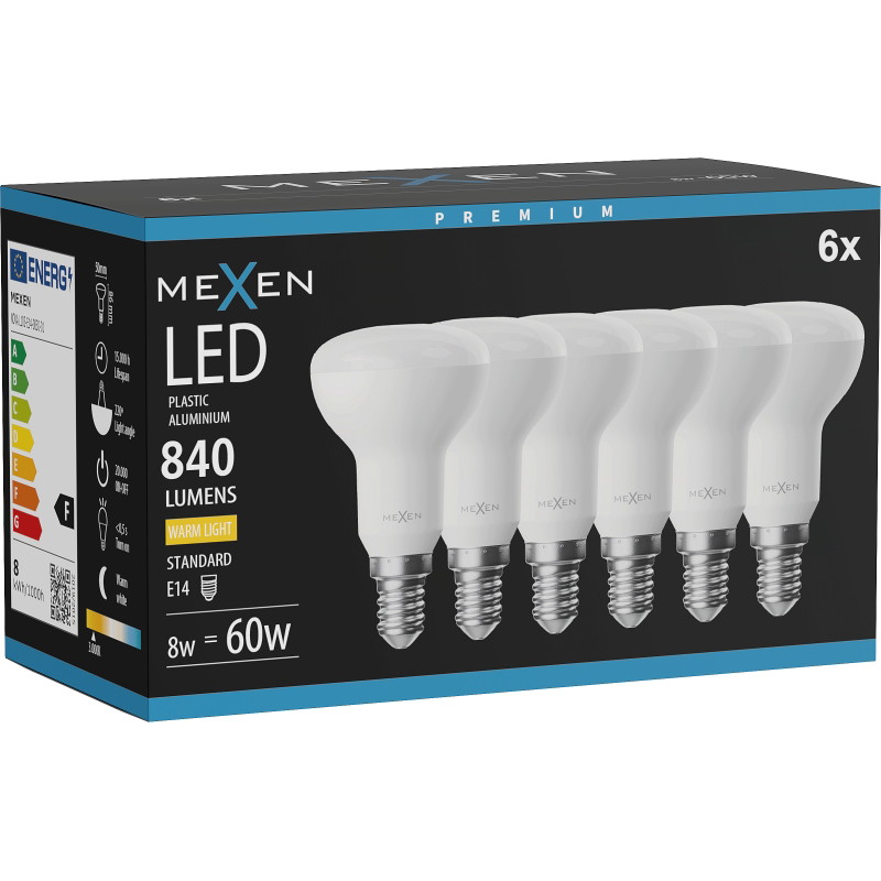 Mexen Nova 6x LED крушка E14, R50, 8W, Топла - 3000K, 840 lm - L103-E14-0830-01x06