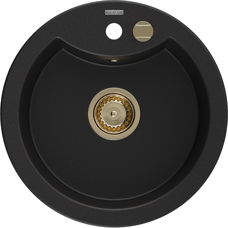 Mexen Diego гранитна мивка с 1 камера 488 x 480 мм, черна, златен сифон - 6512481000-77-G