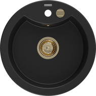 Mexen Diego гранитна мивка с 1 камера 488 x 480 мм, черна, златен сифон - 6512481000-77-G