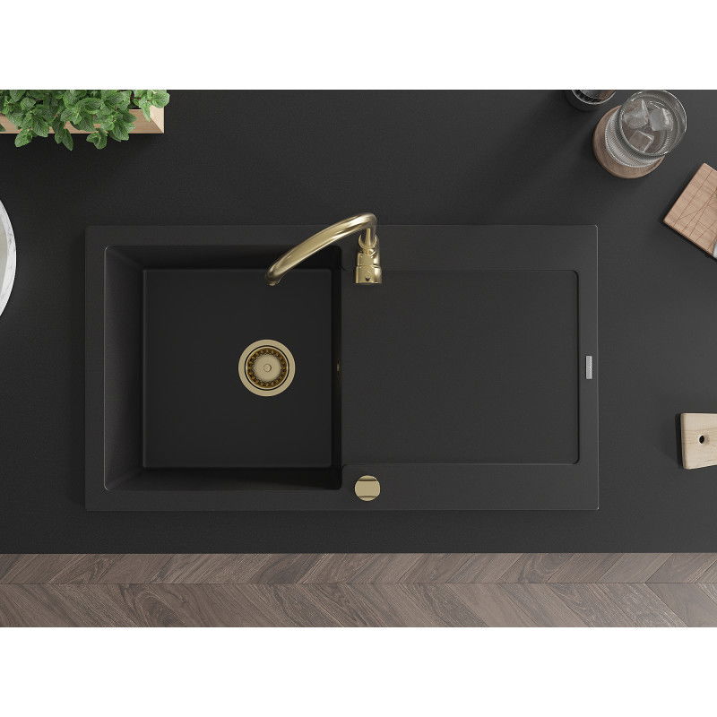 Mexen Leo гранитна мивка с едно корито и отцедник 900 x 500 мм, черен, златен сифон - 6501901010-77-G