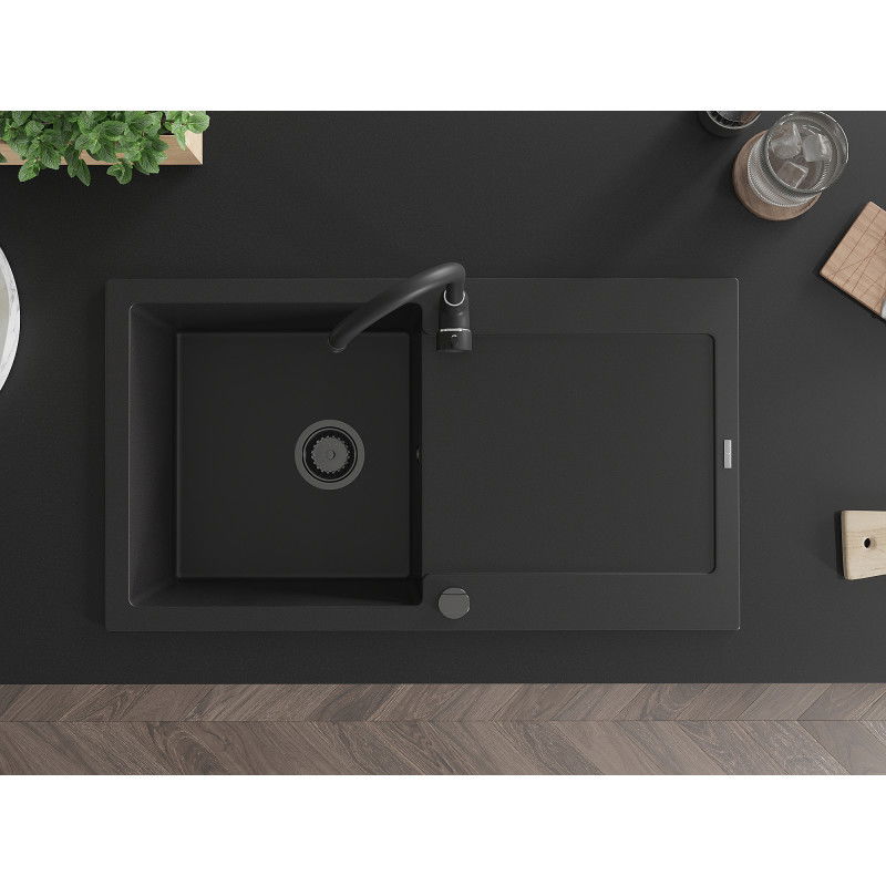 Mexen Leo гранитна мивка с 1 отделение и сушилник 900 x 500 мм, черна, черен сифон - 6501901010-77-B