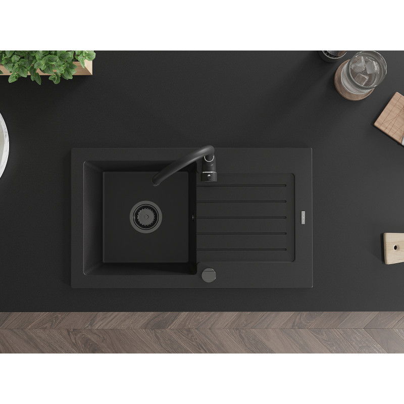 Mexen Pablo гранитна мивка с 1 камера и отцедник 752 x 436 mm, черен, черен сифон - 6510751010-77-B