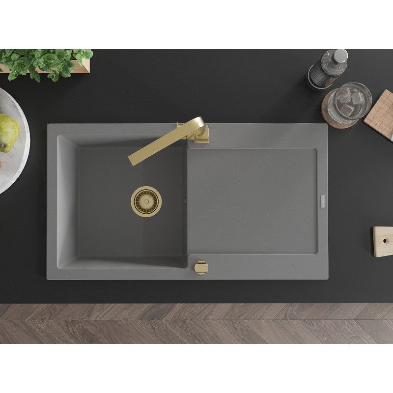 Mexen Leo гранитна мивка с 1 отделение, с отцеждаща площ и кухненски смесител Rita, сив - 6501-71-670300-50
