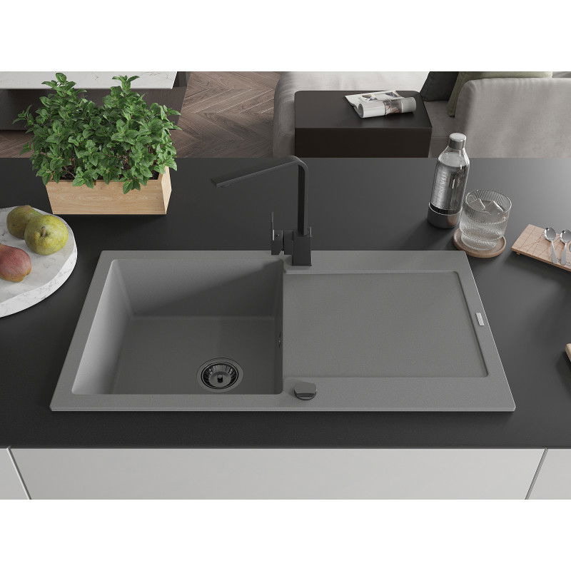 Mexen Leo гранитна мивка с 1 корито с отцедник и кухненски смесител Rita, сив - 6501-71-670300-70-B