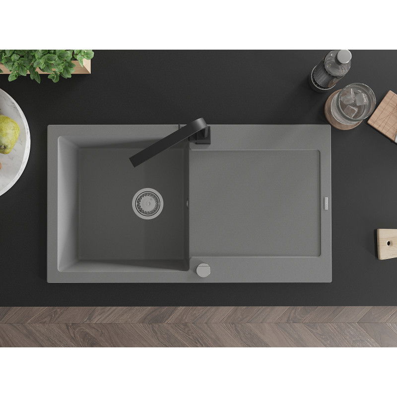 Mexen Leo гранитна кухненска мивка с 1 корито и сушилник и кухненски смесител Rita, сив - 6501-71-670300-70