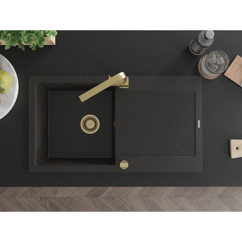 Mexen Leo еднокамерен кухненски мивка от гранит с отцедник и кухня батерия Rita, черен/златен металик - 6501-75-670300-50