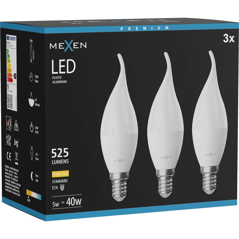 Mexen Nova 3x LED крушка пламък E14, C37, 5W, Топла - 3000K, 525 lm - L106-E14-0530-01x03