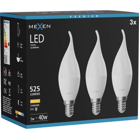 Mexen Nova 3x LED крушка пламък E14, C37, 5W, Топла - 3000K, 525 lm - L106-E14-0530-01x03