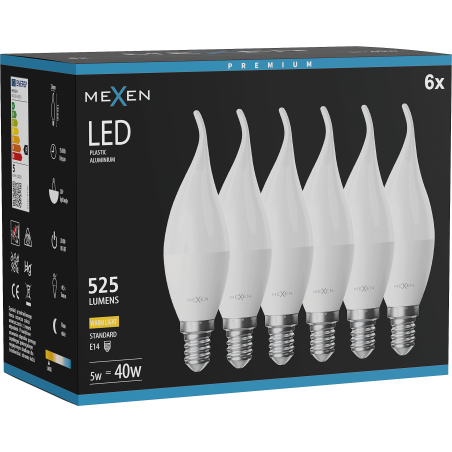 Mexen Nova 6x LED крушка пламък E14, C37, 5W, Топла - 3000K, 525 lm - L106-E14-0530-01x06
