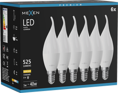 Mexen Nova 6x LED крушка пламък E14, C37, 5W, Топла - 3000K, 525 lm - L106-E14-0530-01x06