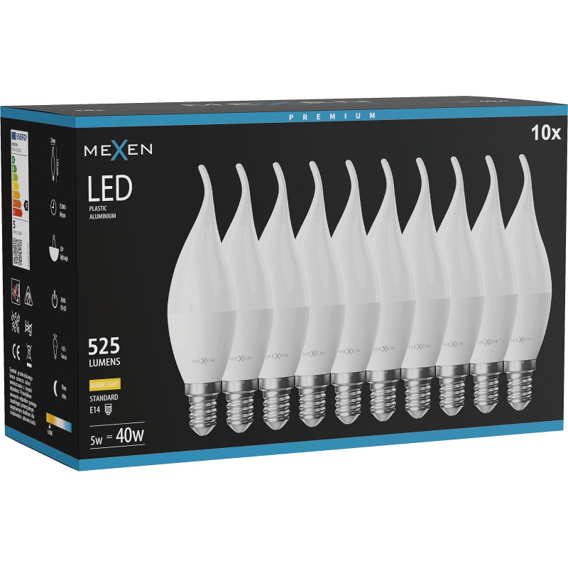 Mexen Nova 10х LED крушка пламък E14, C37, 5W, Топла - 3000K, 525 lm - L106-E14-0530-01x10