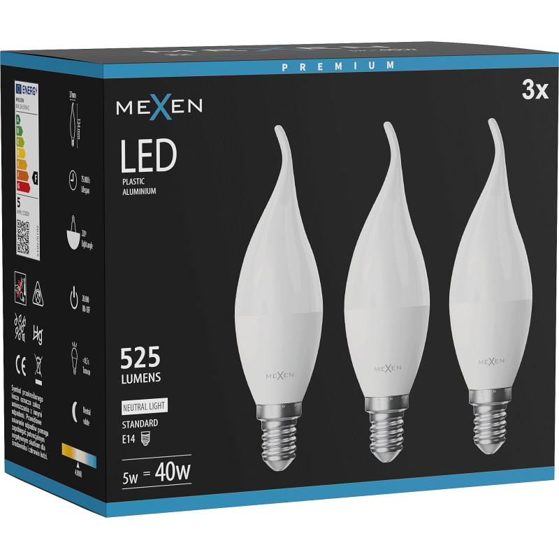 Mexen Nova 3x LED крушка пламък E14, C37, 5W, Неутрална - 4000K, 525 lm - L106-E14-0540-01x03