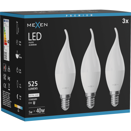 Mexen Nova 3x LED крушка пламък E14, C37, 5W, Неутрална - 4000K, 525 lm - L106-E14-0540-01x03