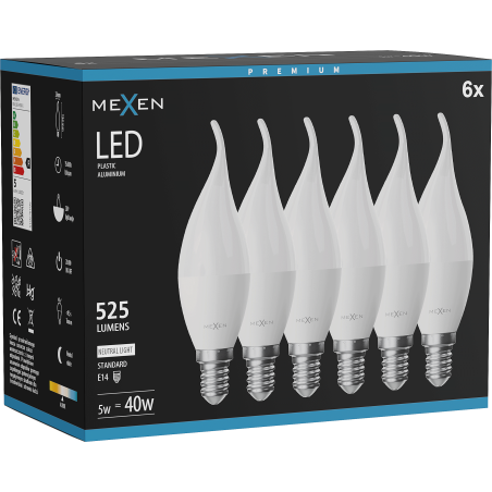 Mexen Nova 6x LED крушка пламък E14, C37, 5W, Неутрална - 4000K, 525 lm - L106-E14-0540-01x06