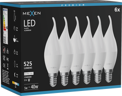 Mexen Nova 6x LED крушка пламък E14, C37, 5W, Неутрална - 4000K, 525 lm - L106-E14-0540-01x06