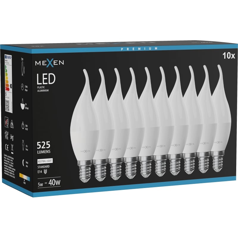 Mexen Nova 10x LED крушка пламък E14, C37, 5W, Неутрална - 4000K, 525 lm - L106-E14-0540-01x10