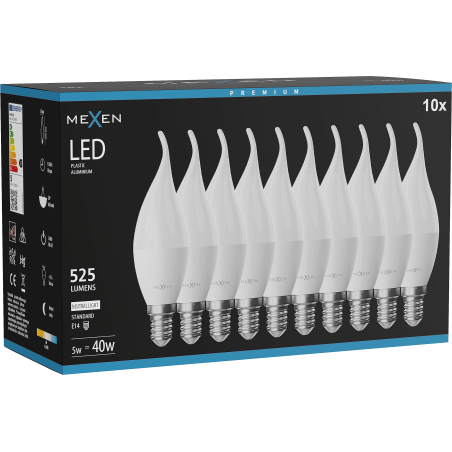 Mexen Nova 10x LED крушка пламък E14, C37, 5W, Неутрална - 4000K, 525 lm - L106-E14-0540-01x10