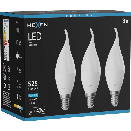 Mexen Nova 3x LED крушка свещ E14, C37, 5W, Студена - 6500K, 525 lm - L106-E14-0565-01x03