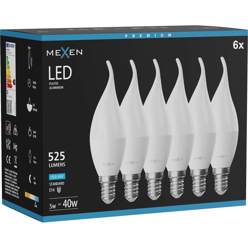 Mexen Nova 6x LED крушка пламък E14, C37, 5W, Студено - 6500K, 525 lm - L106-E14-0565-01x06
