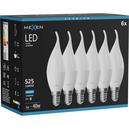 Mexen Nova 6x LED крушка пламък E14, C37, 5W, Студено - 6500K, 525 lm - L106-E14-0565-01x06