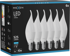 Mexen Nova 6x LED крушка пламък E14, C37, 5W, Студено - 6500K, 525 lm - L106-E14-0565-01x06