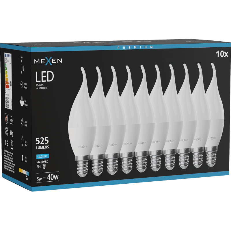 Mexen Nova 10x LED крушка пламък E14, C37, 5W, Студена - 6500K, 525 lm - L106-E14-0565-01x10