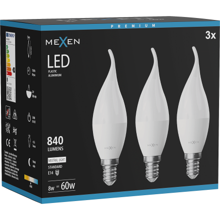 Mexen Nova 3x LED крушка пламък E14, C37, 8W, Неутрална - 4000K, 840 lm - L106-E14-0840-01x03
