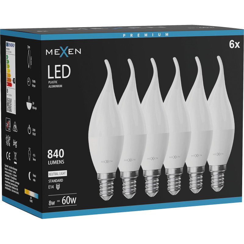 Mexen Nova 6x LED крушка пламък E14, C37, 8W, Неутрална - 4000K, 840 lm - L106-E14-0840-01x06