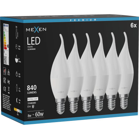 Mexen Nova 6x LED крушка пламък E14, C37, 8W, Неутрална - 4000K, 840 lm - L106-E14-0840-01x06