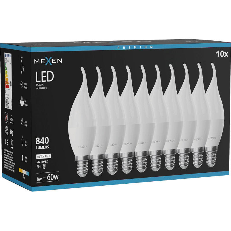 Mexen Nova 10x LED крушка пламък E14, C37, 8W, Неутрална - 4000K, 840 lm - L106-E14-0840-01x10