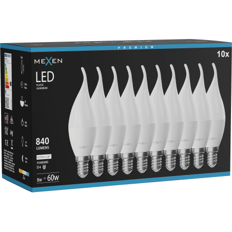 Mexen Nova 10x LED крушка пламък E14, C37, 8W, Неутрална - 4000K, 840 lm - L106-E14-0840-01x10